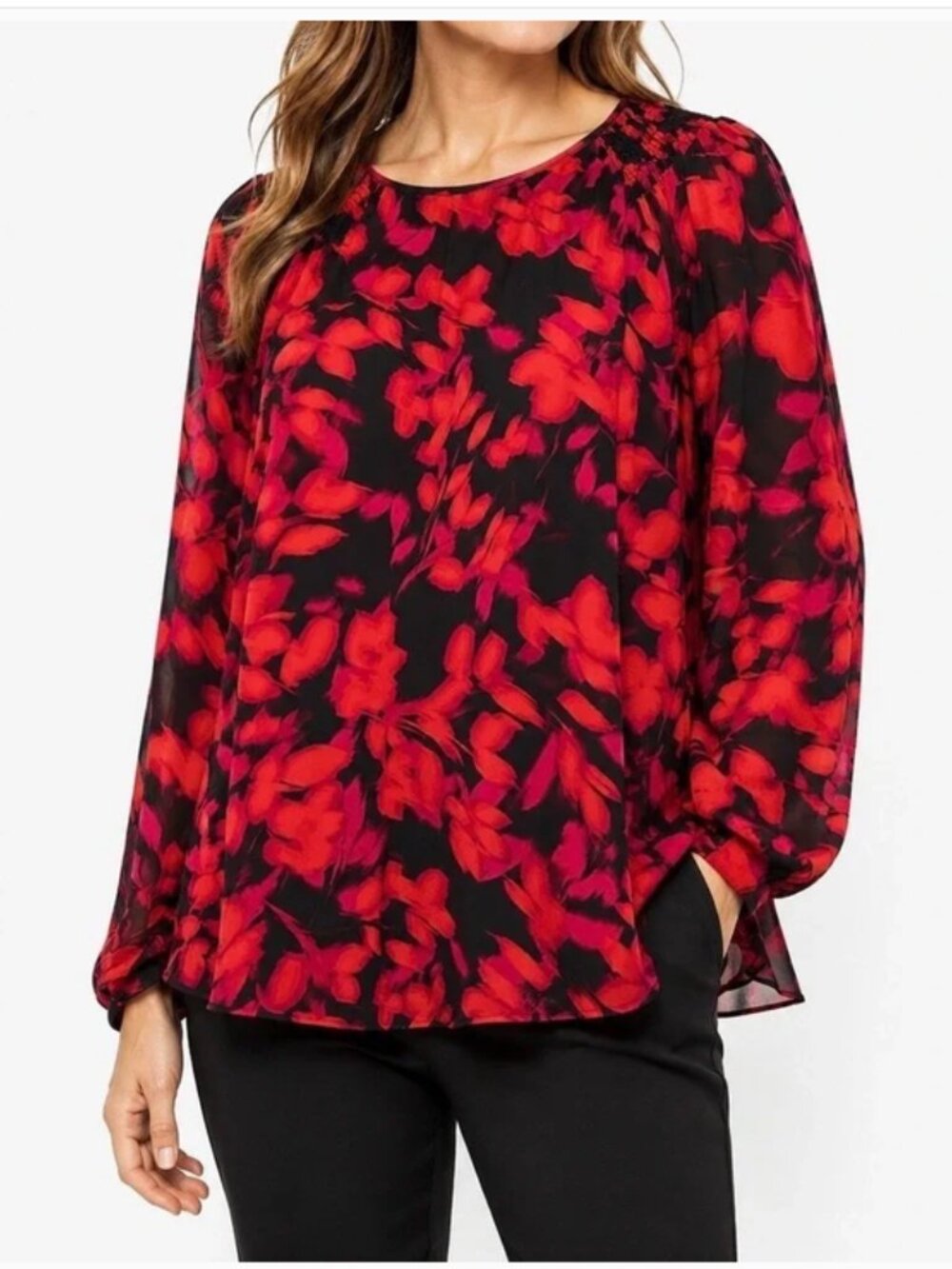 Calvin Klein Red Black Wide  Smocked Puffed Sleeve Blouse X Large